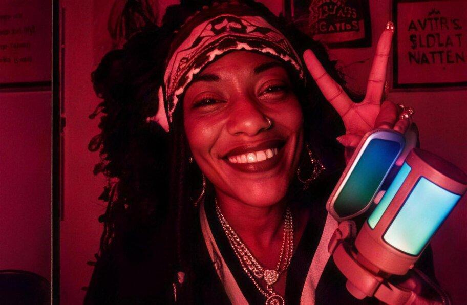 Chief I'ni MichElle.magic live in the red-lit studio, moment 2 of 4
